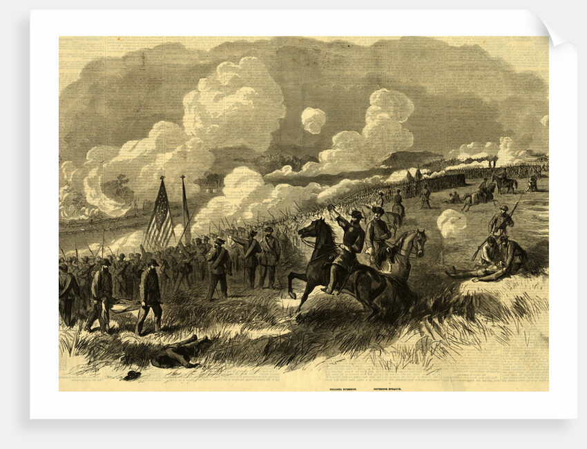 Colonel Burnside's brigade at Bull Run, First and Second Rhode Island, and Seventy-First New York Regiments, with their Artillery, Attacking the Rebel Batteries at Bull Run by Alfred R Waud