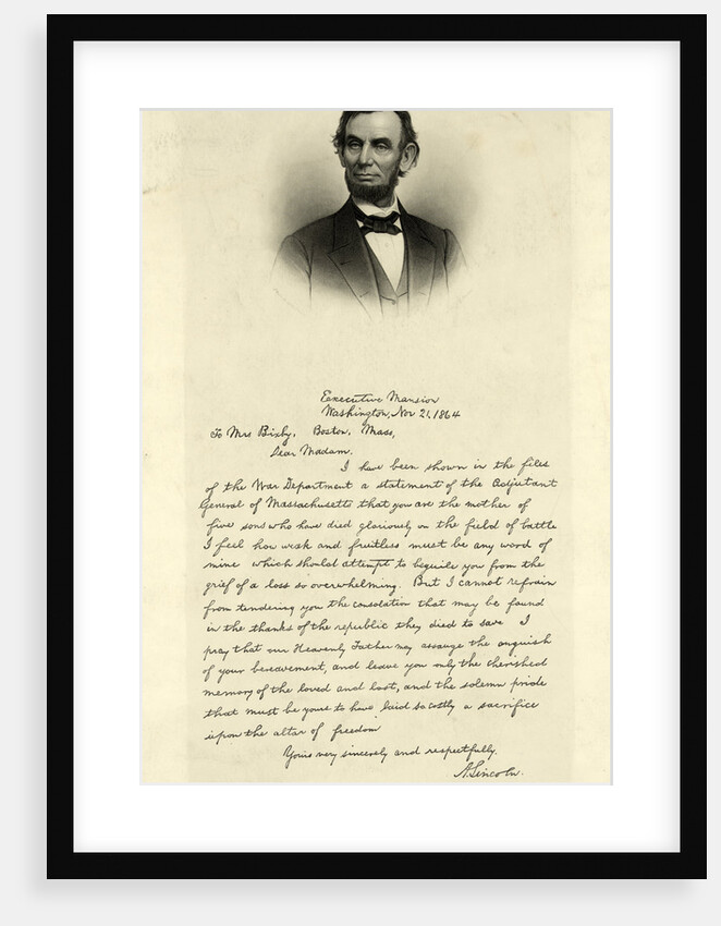Letter from Abraham Lincoln to Mrs. Bixby, with bust-length portrait of Lincoln by M.B. Brady