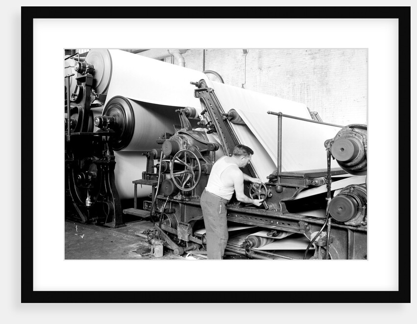 Mt. Holyoke, Massachusetts - Paper. American Writing Paper Co. Cylinder machine (making matchboard), 1936 by Lewis Hine