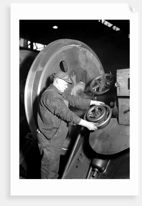 Eddystone, Pennsylvania - Railroad parts. Machinist machining wheel to fit driving pin on above wheels on newest type of locomotive, March 1937 by Lewis Hine