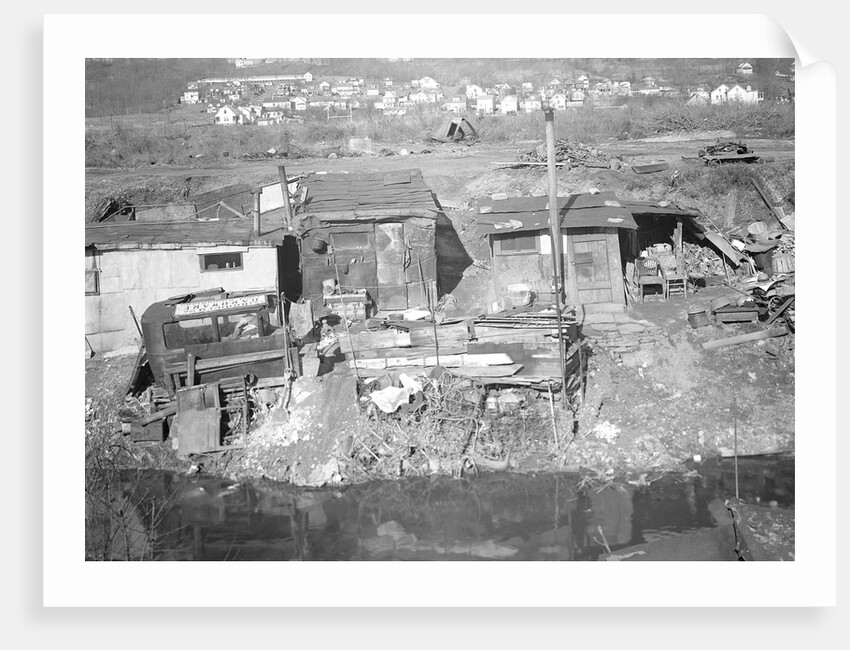 Paterson, New Jersey - Textiles. Bachelor shacks in outskirts of Paterson, on Molly Jan Brook by Lewis Hine