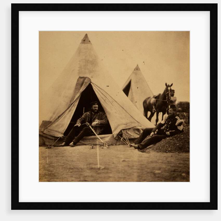 Officer of the 57th Regiment sitting with a sword across his lap at opening to his tent by Roger Fenton