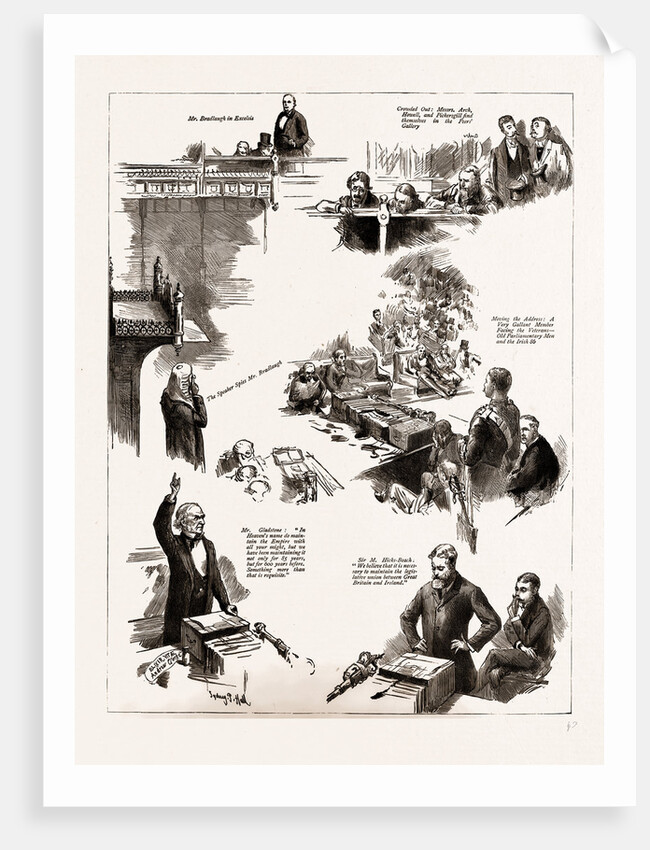 The Opening Of The New Parliament, Notes In The House Of Commons, London, UK, 1886; Mr. Gladstone, Sir M. Hicks.beach, Mr. Bradlaugh by Anonymous