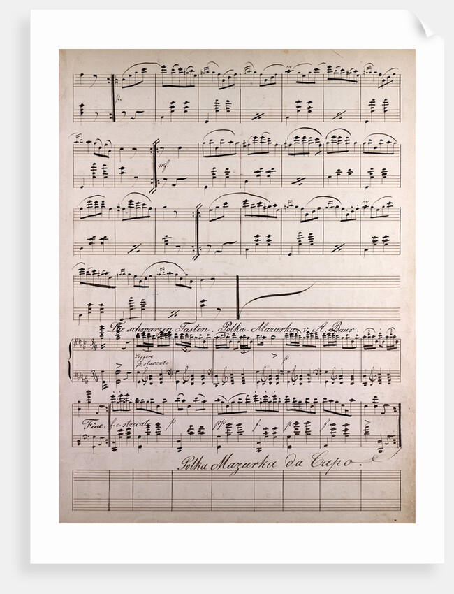 Handwritten sheet music, Polka Mazurka from A. Baur, Polka Mazurka da Capo by Anonymous