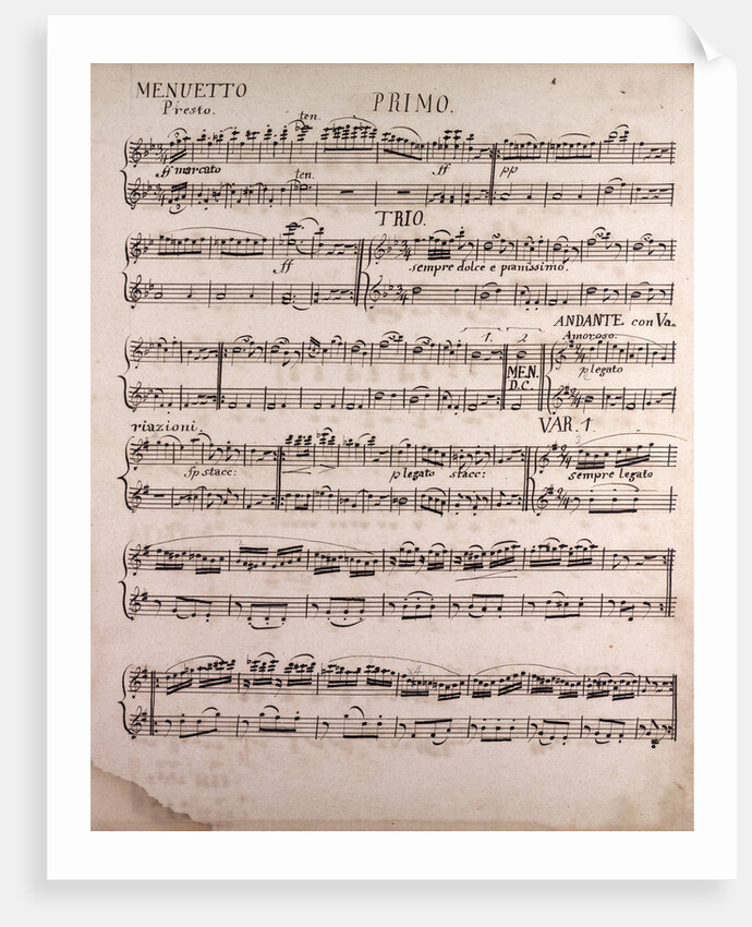Handwritten sheet music, menuetto presto by Anonymous