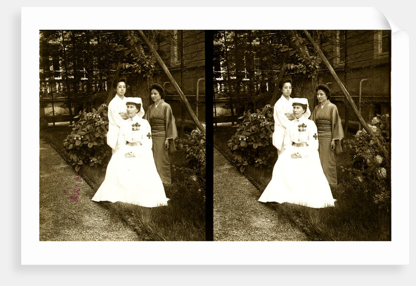 A western Red Cross female doctor(?) and two Japanese women posed in a garden by Anonymous