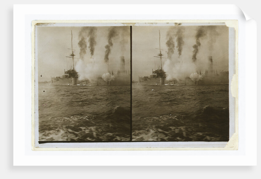 An American cruiser firing its guns in salute as it arrives in New York, probably at the time of the Portsmouth Peace Conference by Anonymous