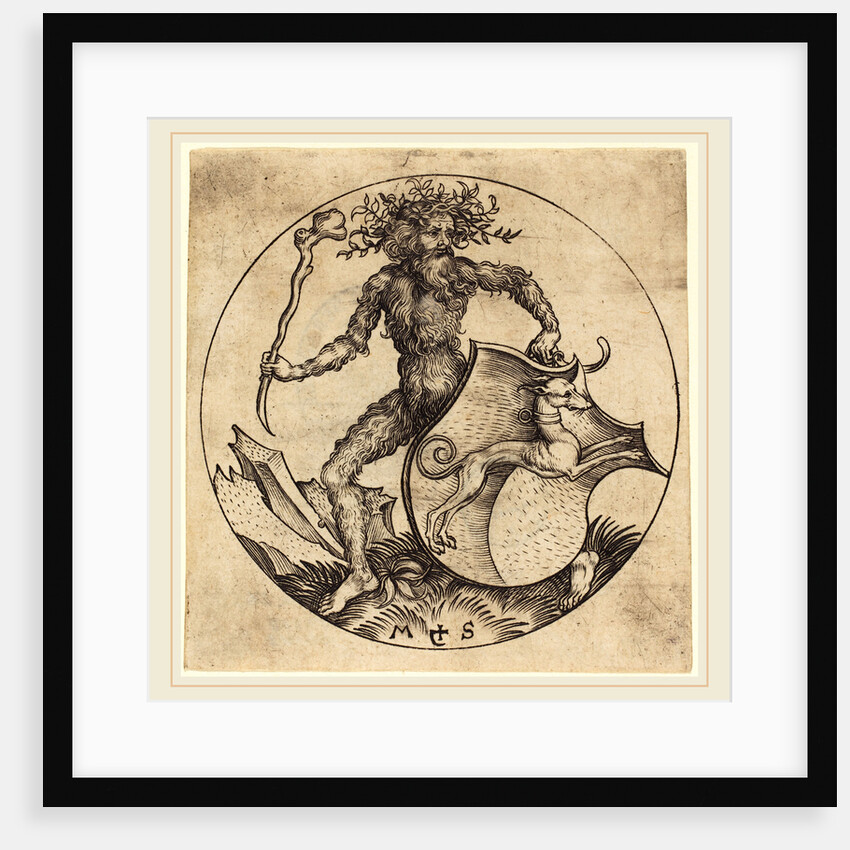 Wild Man Holding a Shield with a Greyhound by Martin Schongauer