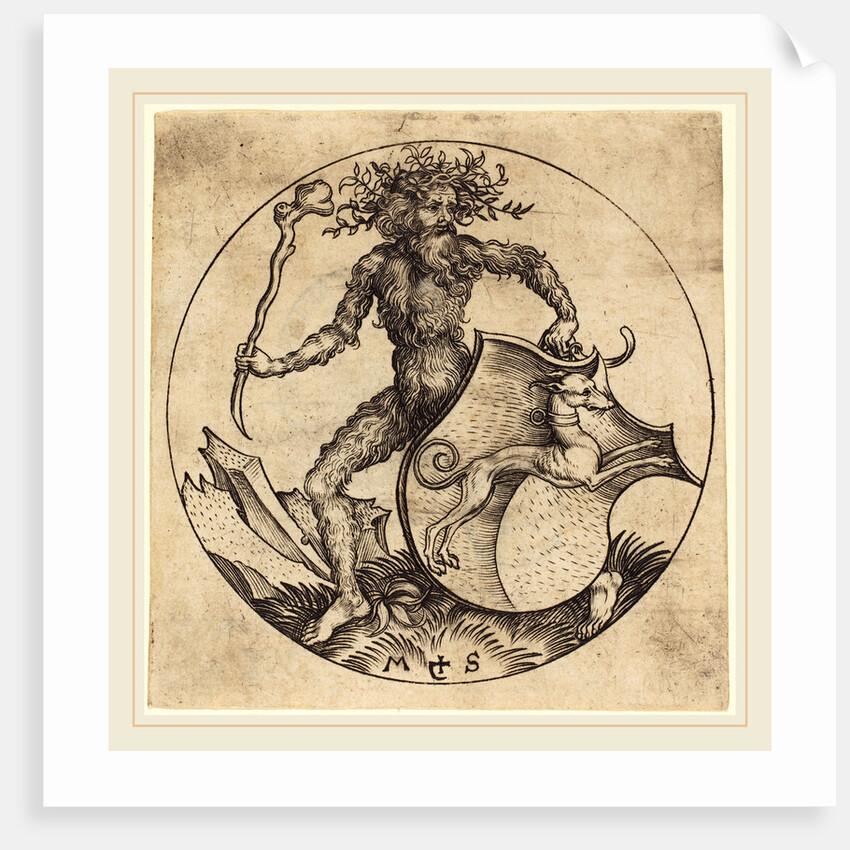 Wild Man Holding a Shield with a Greyhound by Martin Schongauer