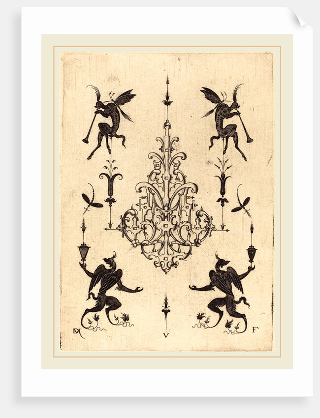 Brooch with Fantasy Creatures Blowing Horns at Top and Winged Griffins at Bottom, 1596 by Daniel Mignot