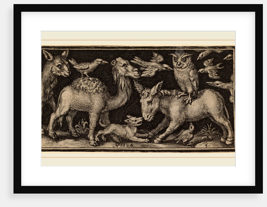 Owl on Back of Donkey, Bird on Back of Camel with Other Animals by Nicolaes de Bruyn