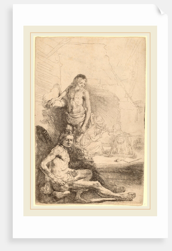 Nude Man Seated and Nude Man Standing, with a Woman and Baby in the Background, c. 1646 by Rembrandt van Rijn