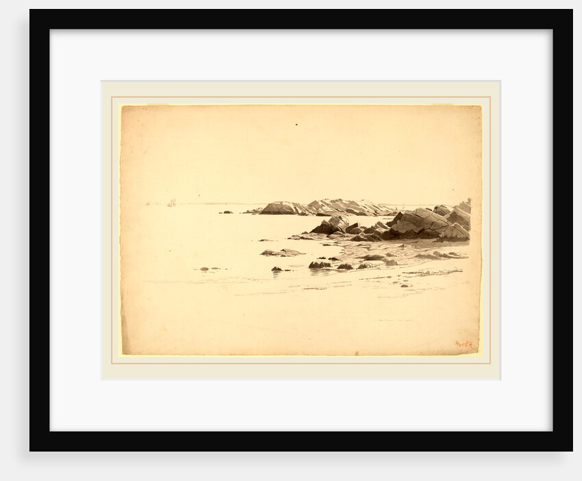 Rocklined Beach with Distant Boats by William Stanley Haseltine