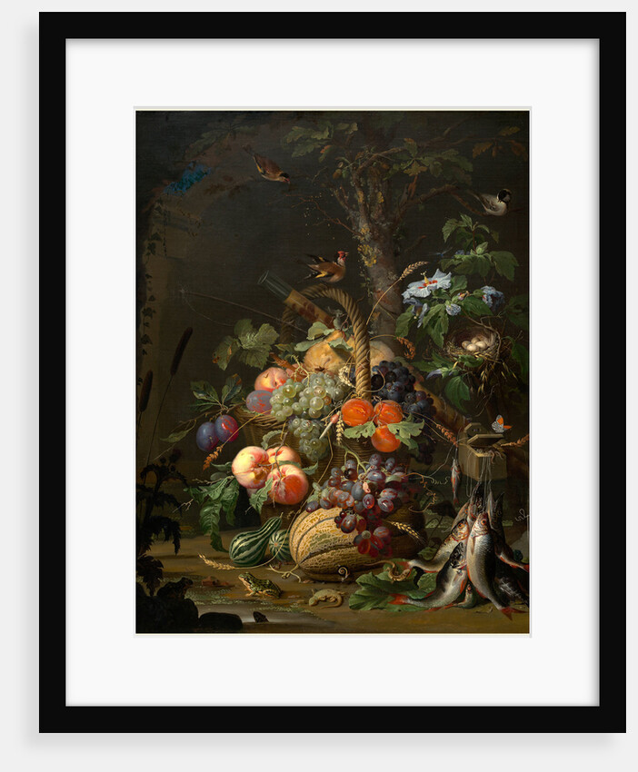 German, Still Life with Fruit, Fish, and a Nest, c. 1675 by Abraham Mignon