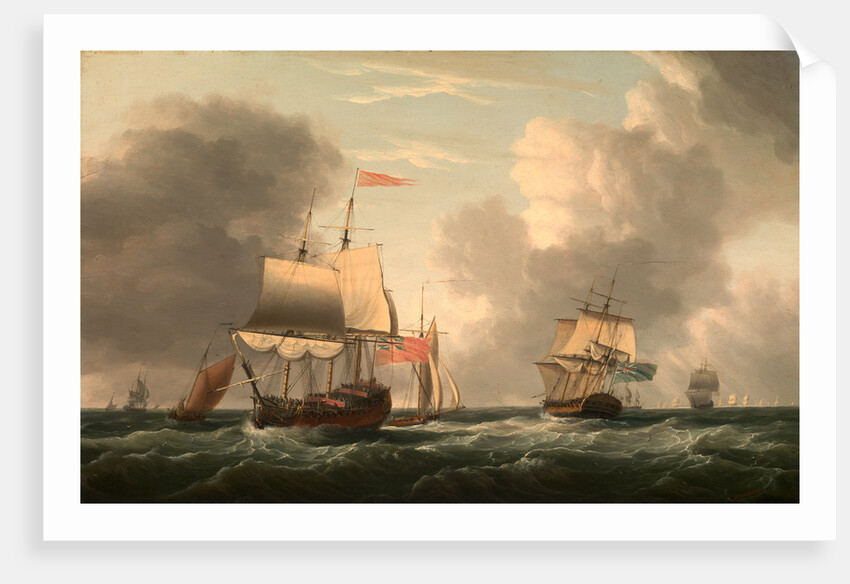 An English Two-Decker Lying Hove to, with Other Ships and Vessels in a Fresh Breeze by Dominic Serres
