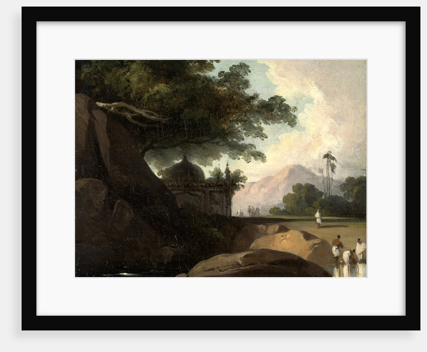 Indian Landscape with Temple Figures Washing Clothes by an Indian Temple, India by George Chinnery