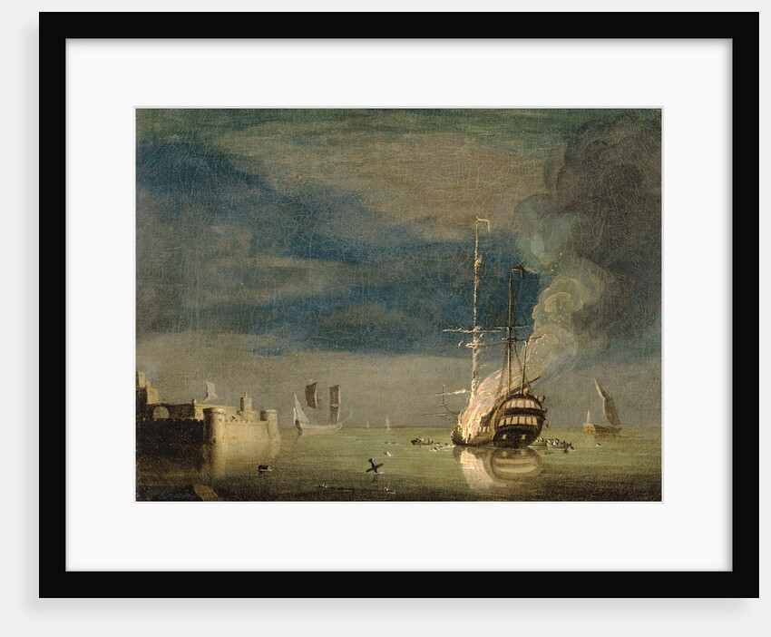 A Two-Decker on Fire at Night off a Fort by Charles Brooking