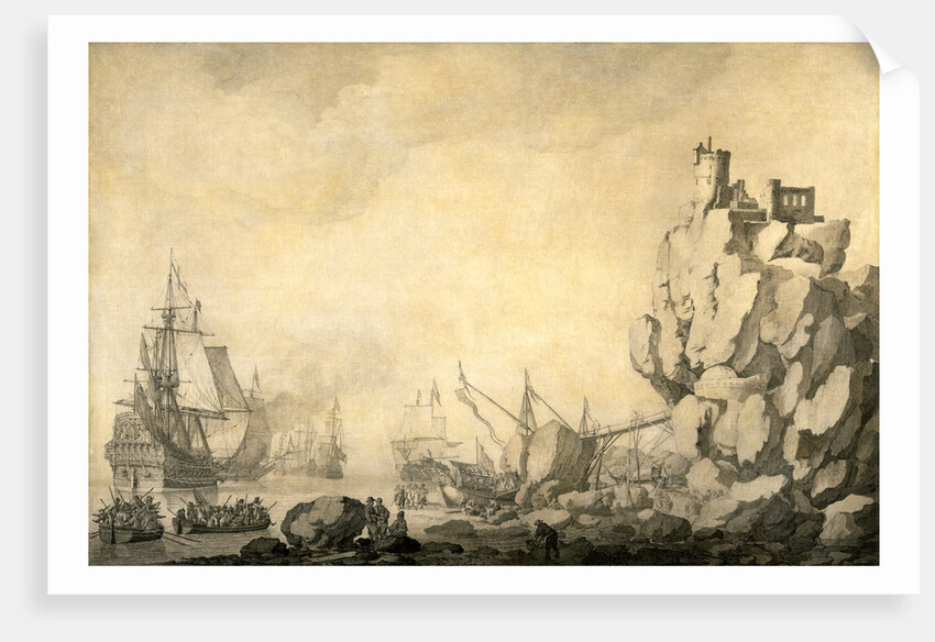 Ships and Militia by a Rocky Shore English and Dutch Ships with Armed Men by a Rocky, Fortified Shore by The Elder