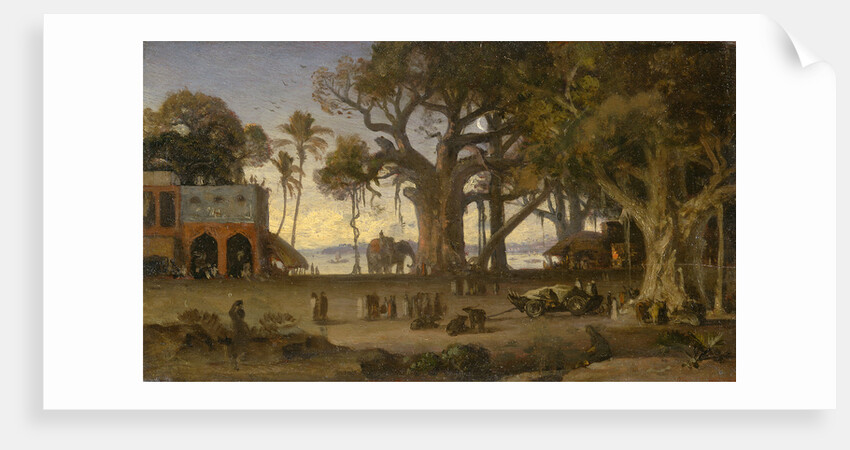 Moonlit Scene of Indian Figures and Elephants among Banyan Trees by Auguste Borget