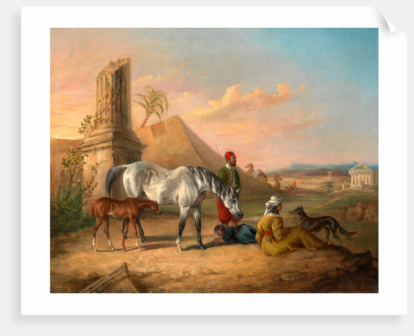 Grey Arabian mare and foal, with a family by George Henry Laporte