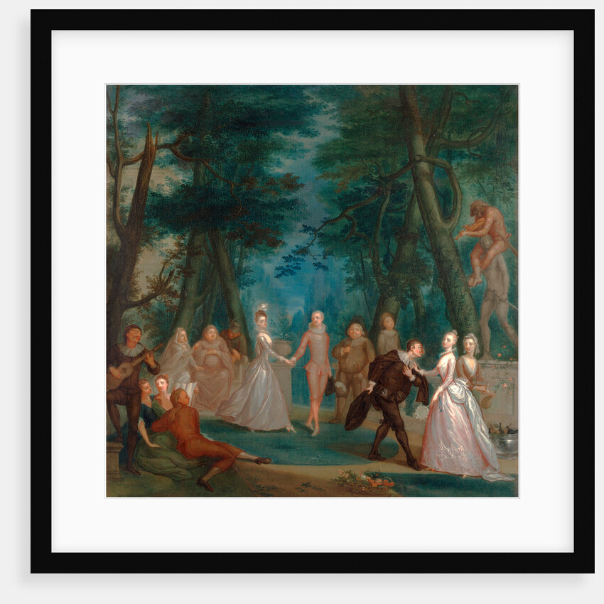 Scene in a park, with figures from the Commedia dell'Arte A Harliquinade by Marcellus Laroon the Younger