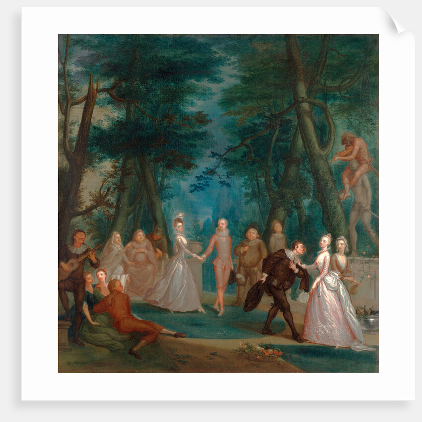 Scene in a park, with figures from the Commedia dell'Arte A Harliquinade by Marcellus Laroon the Younger