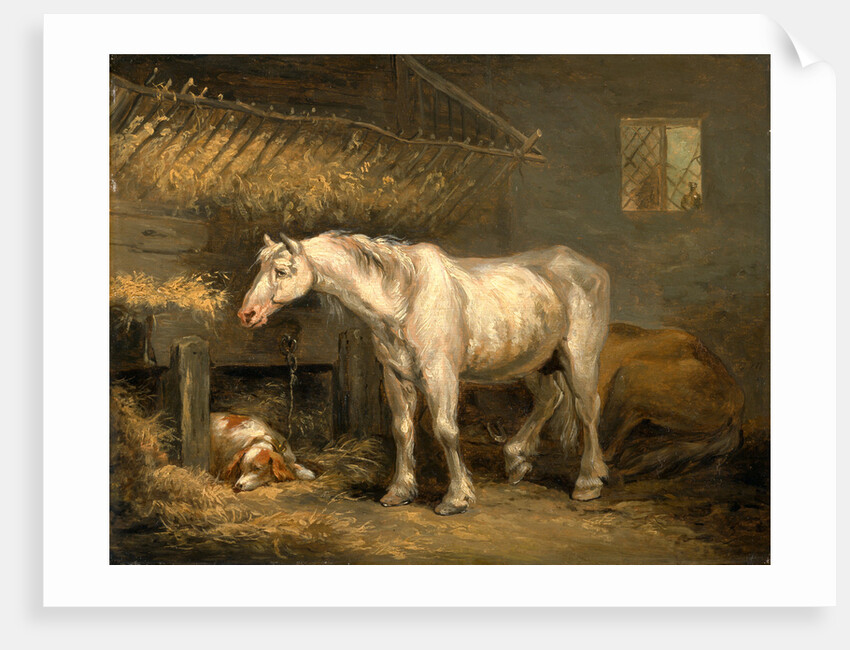Old horses with a dog in a stable by George Morland