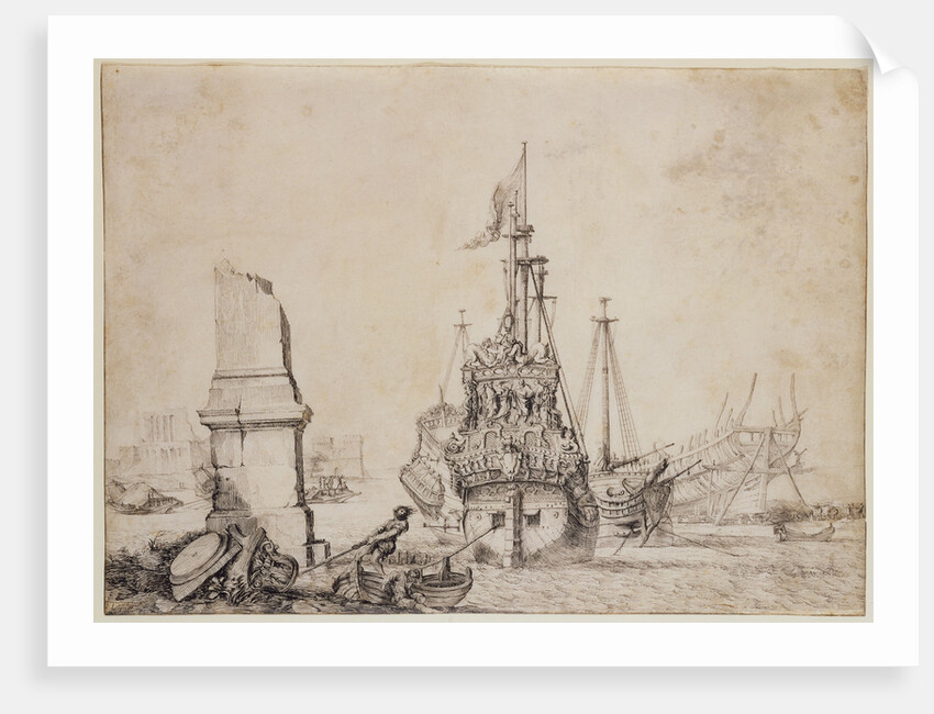 A ship in a port near a ruined obelisk by Pierre Puget