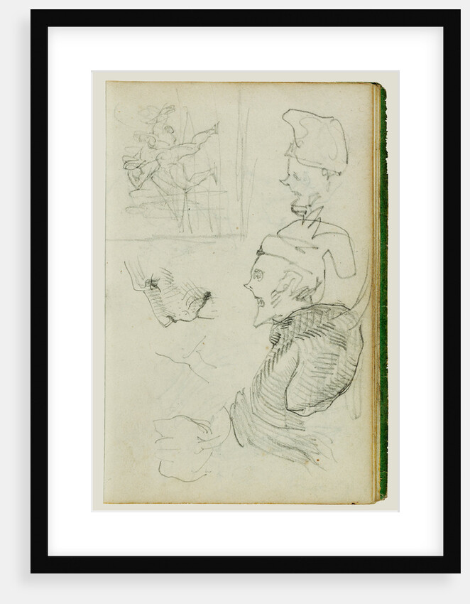 Studies of lion, compositional group figure study, two caricature head studies by Théodore Géricault