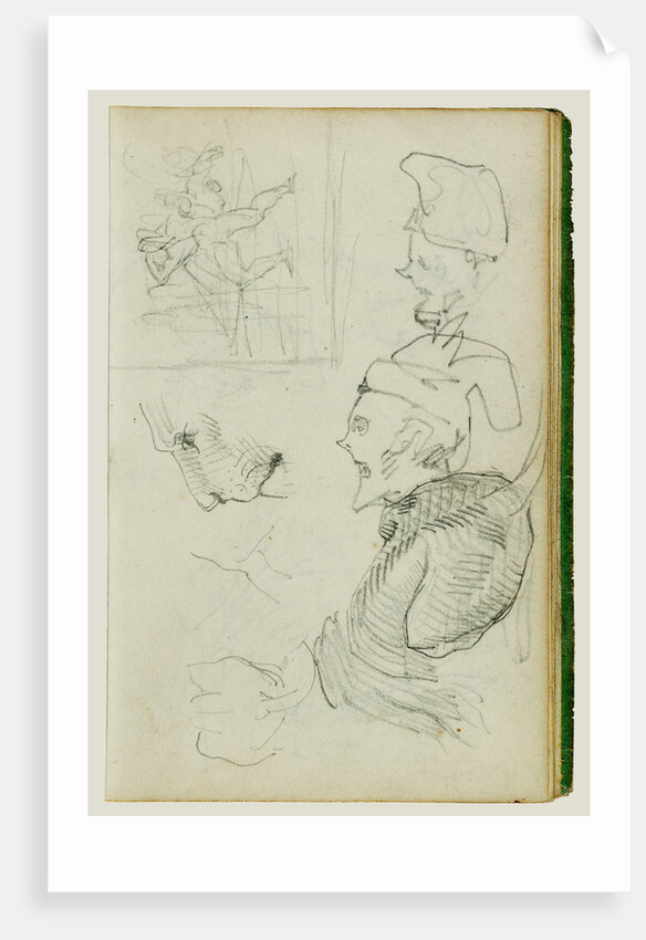Studies of lion, compositional group figure study, two caricature head studies by Théodore Géricault
