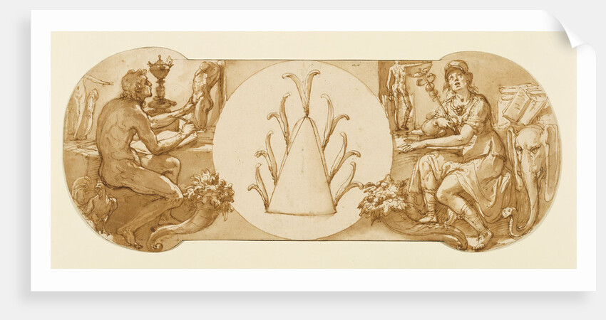 Allegories of Study and Intelligence Flanking the Zuccaro Emblem by Federico Zuccaro