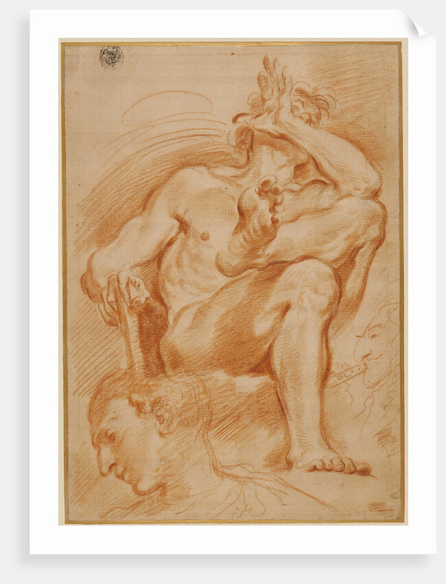 Sheet of Studies: A Seated Nude Man, A Youthful Head and a Caricature Head of a Man Playing a Pipe by Domenico Maria Canuti