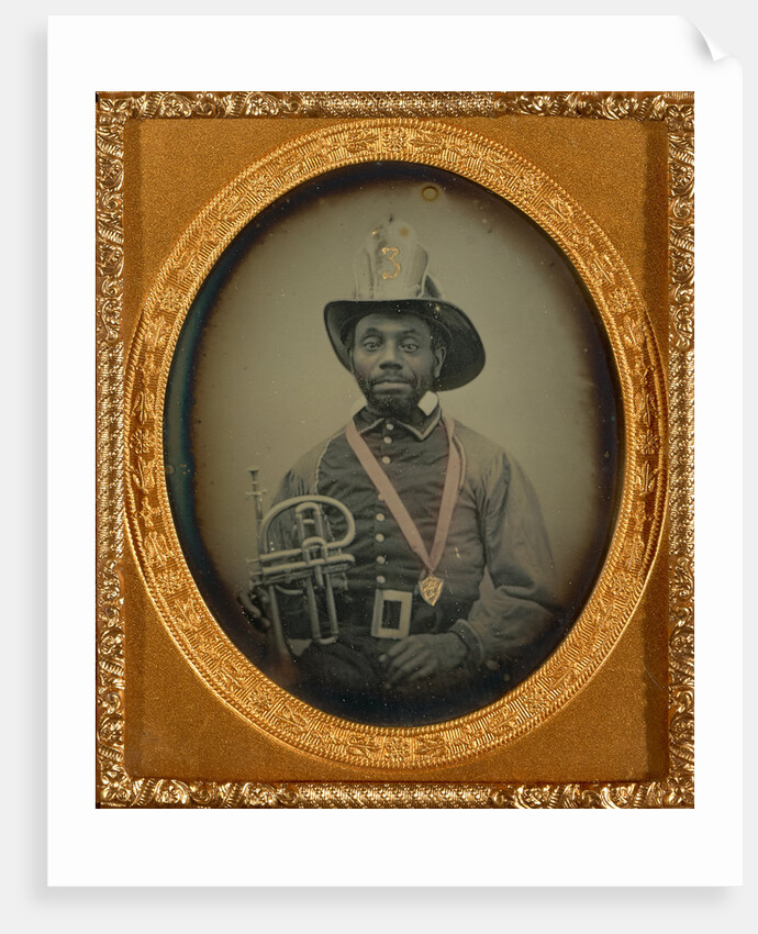 Fireman in Uniform Holding a Brass Musical Instrument by Anonymous