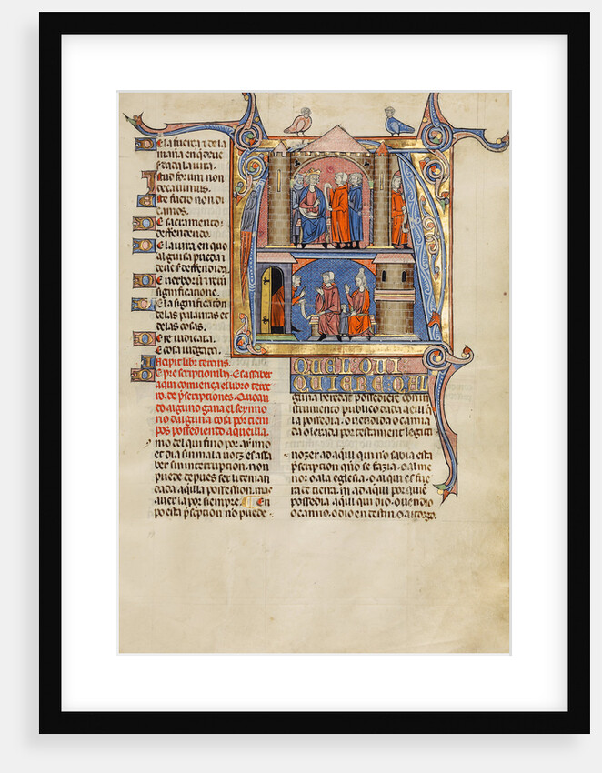 Initial A: Two Men before a King and A Man Speaking to a Family by Anonymous