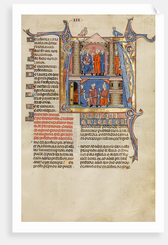 Initial A: Two Men before a King and A Man Speaking to a Family by Anonymous
