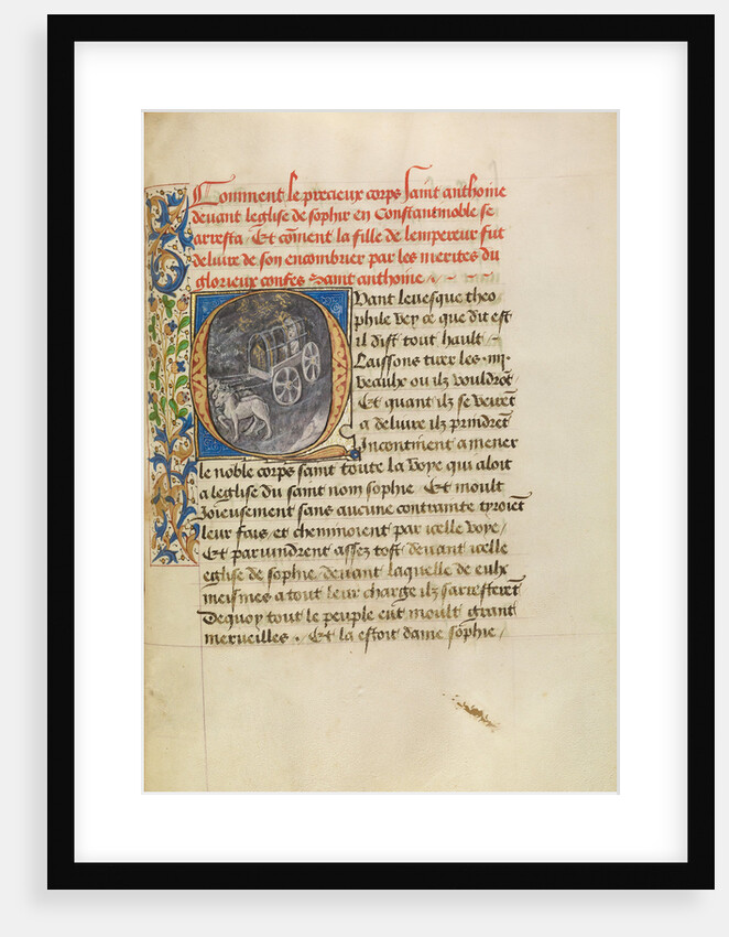 Initial Q: The Reliquary Shrine of Saint Anthony Arriving at the Church in Constantinople and The Healing of the Emperor's Daughter by Master of the Brussels Romuléon