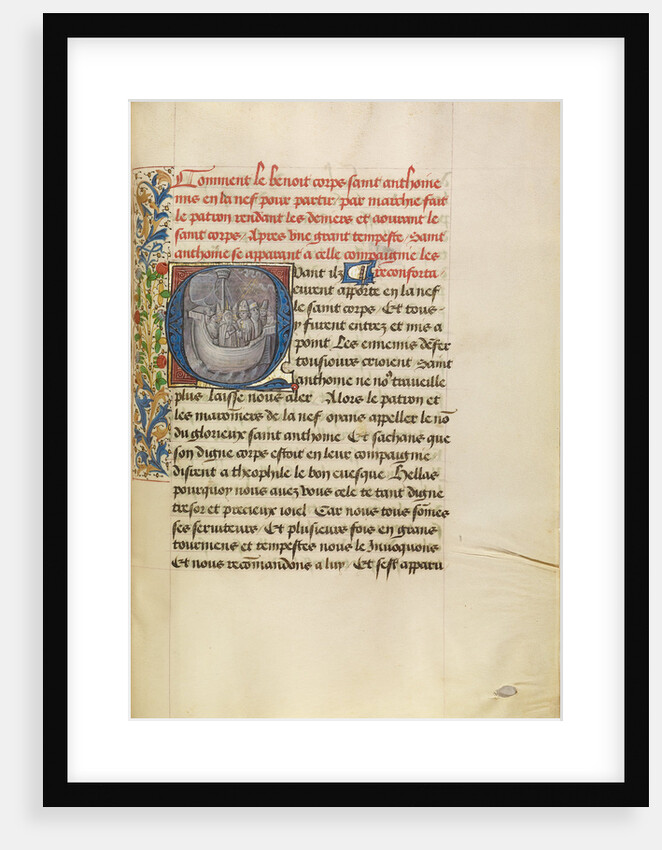 Initial Q: Saint Anthony Reassuring Bishop Theophilus and His Companions During a Great Storm by Master of the Brussels Romuléon