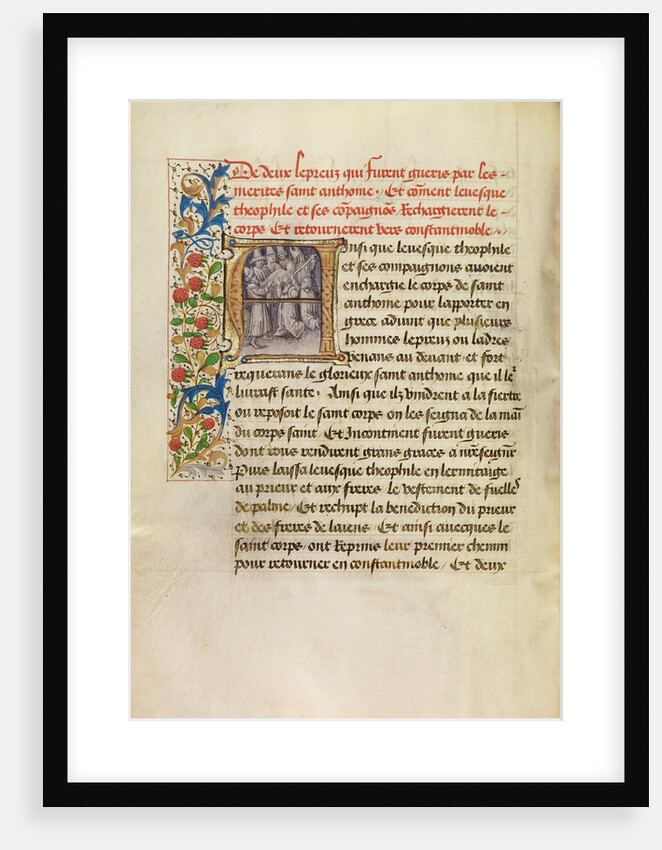 Initial A: The Body of Saint Anthony Transported to Constantinople and the Healing of Two Lepers after Touching the Saint's Body by Master of the Brussels Romuléon