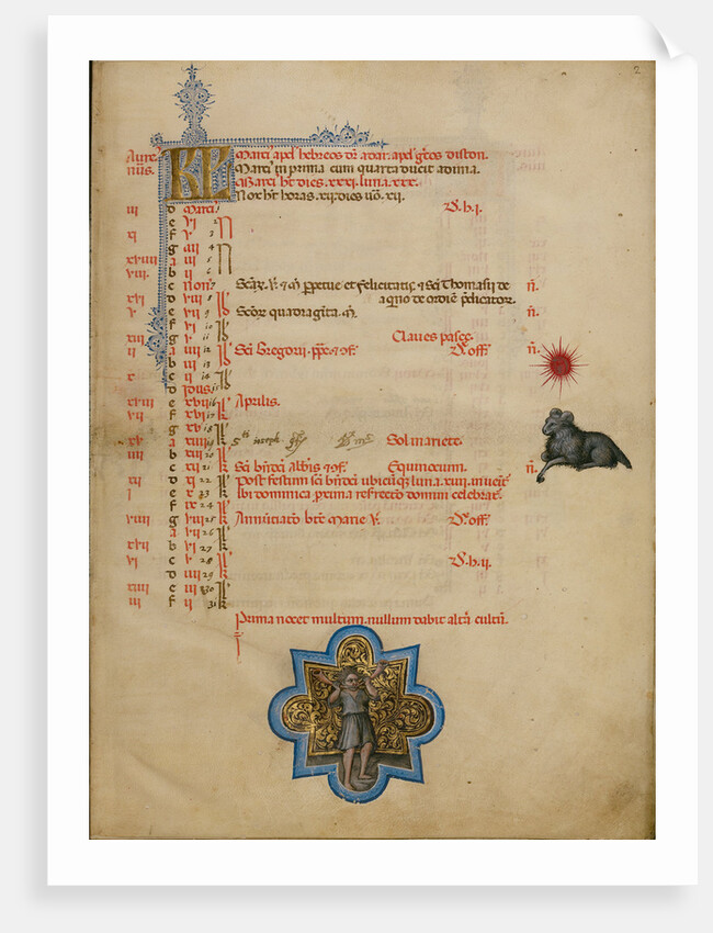 A Man Blowing Two Horns, Zodiacal Sign of Aries by Master of the Brussels Initials