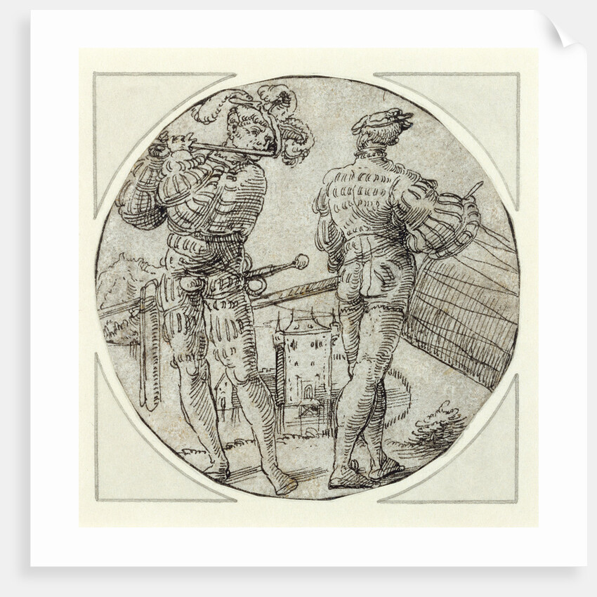 A Flutist and Drummer Before a Moated Castle by Master of the Berlin Roundels