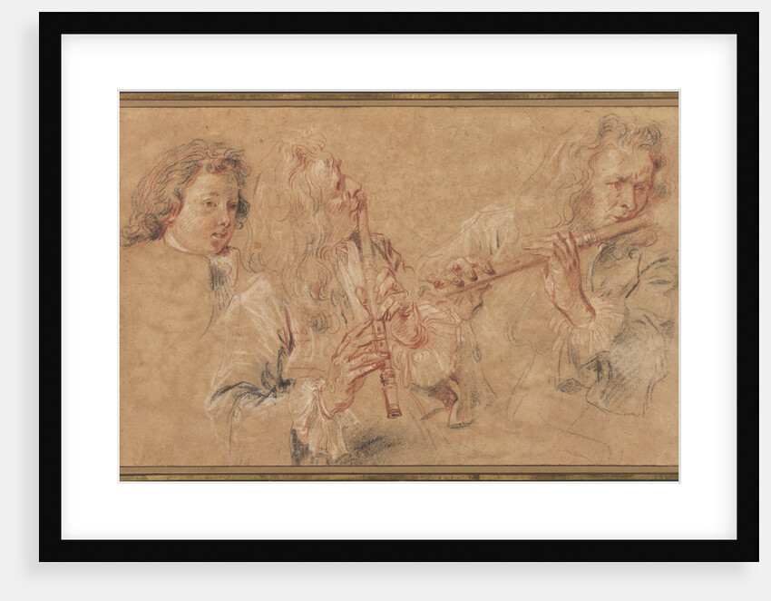 Two Studies of a Flutist and a Study of the Head of a Boy by Jean-Antoine Watteau