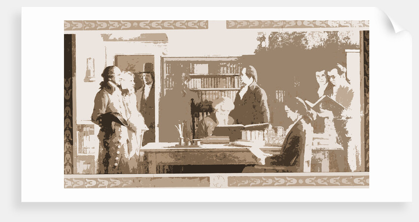 Benjamin Franklin opening first subscription library in Philadelphia, Mills by Anonymous