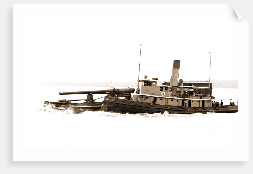 Tugboat with barge carrying cannon, Tugboats by Anonymous