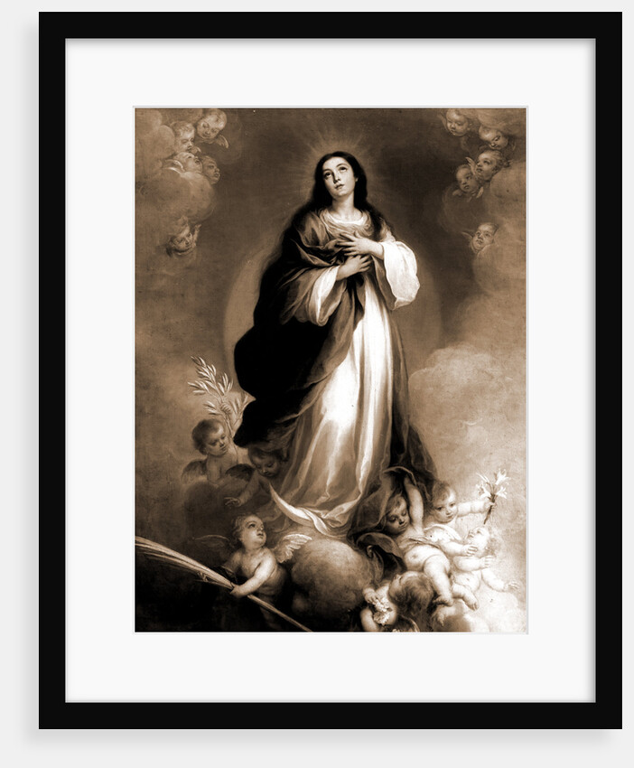 Saint, possibly Virgin Mary, standing on cloud surrounded by cherubs by Anonymous
