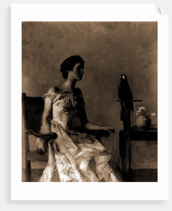 Lady sitting on chair next to parrot by Thomas Wilmer Dewing