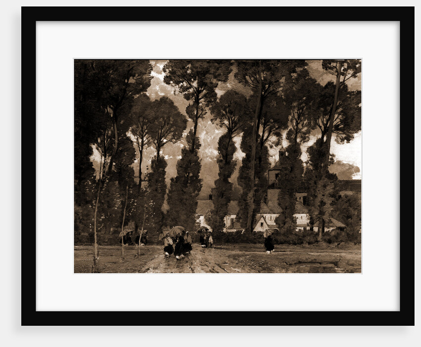 Women with umbrellas walking and trees in background by Sir Alfred East