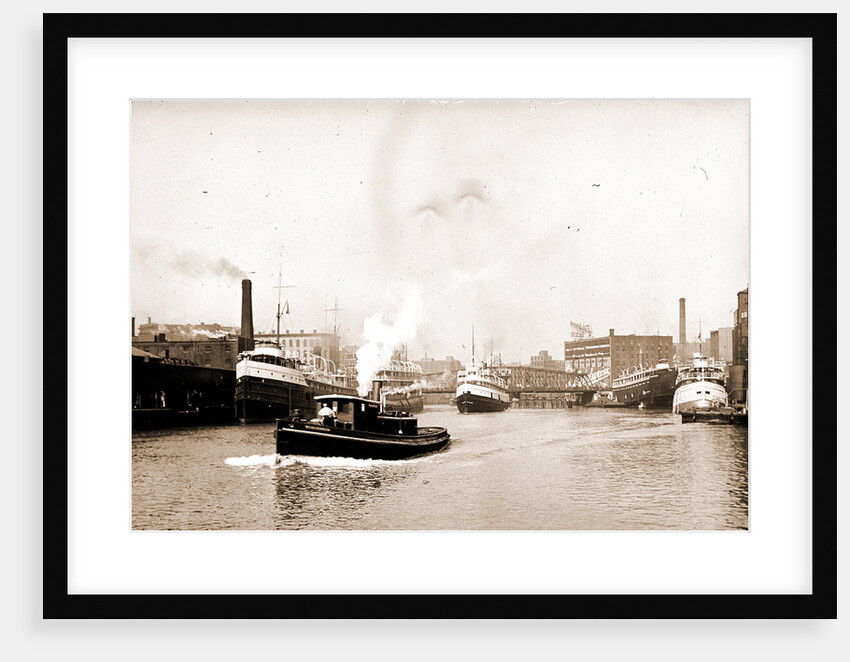 Chicago River scene with steamboat and industrial waterfront by Anonymous