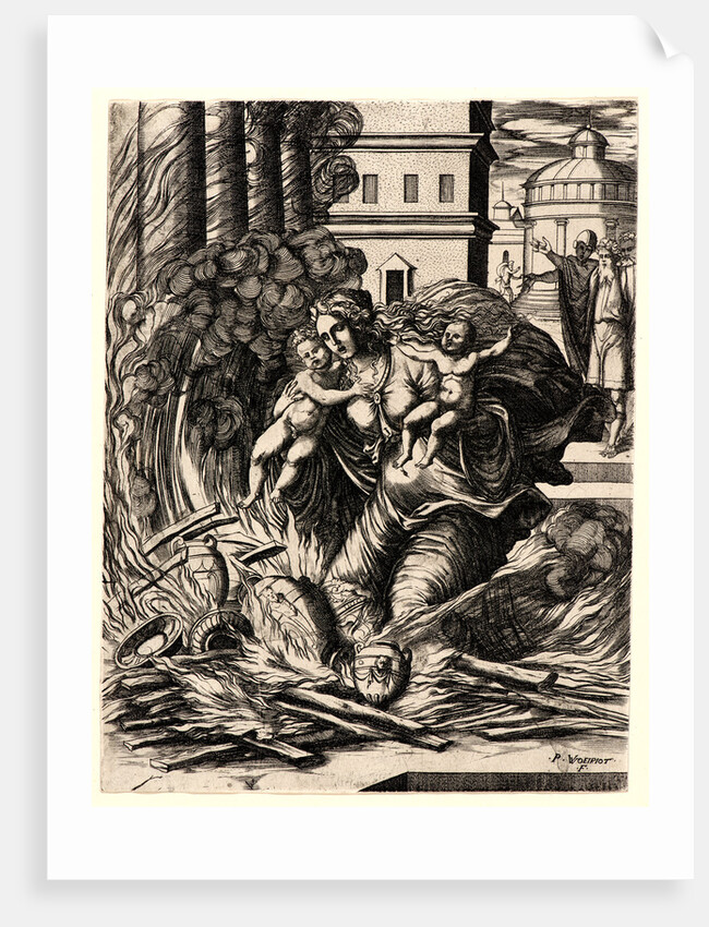 The Widow of Hasdrubel Throwing Herself on the Funeral Pyre by Pierre Woeiriot