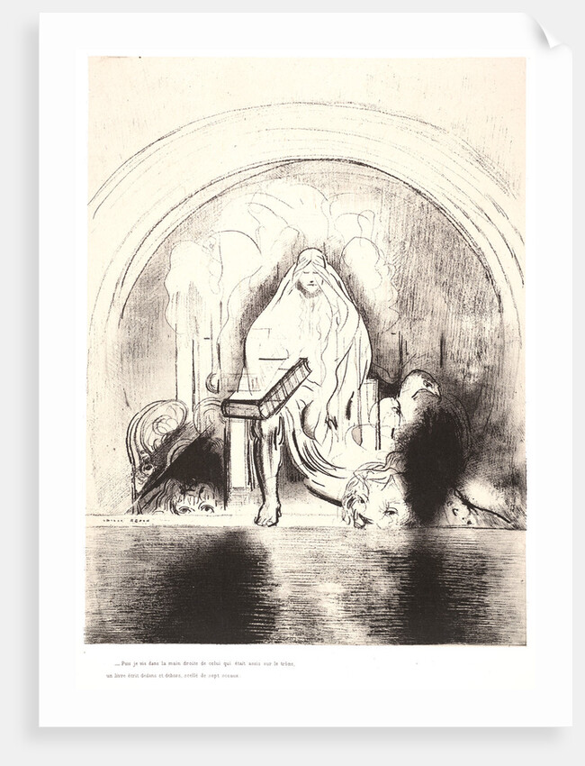 And I saw in the right hand of him that sat upon the throne a book written within and on the backside, sealed with seven seals, 1899 by Odilon Redon