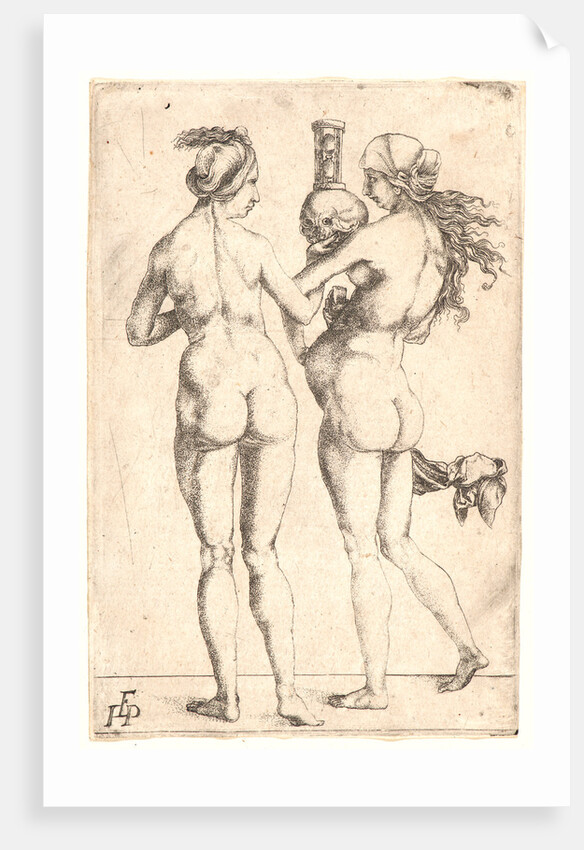Allegory of Birth and Death: Two Naked Women with Skull and Hourglass, early 16th century by Giulio Campagnola